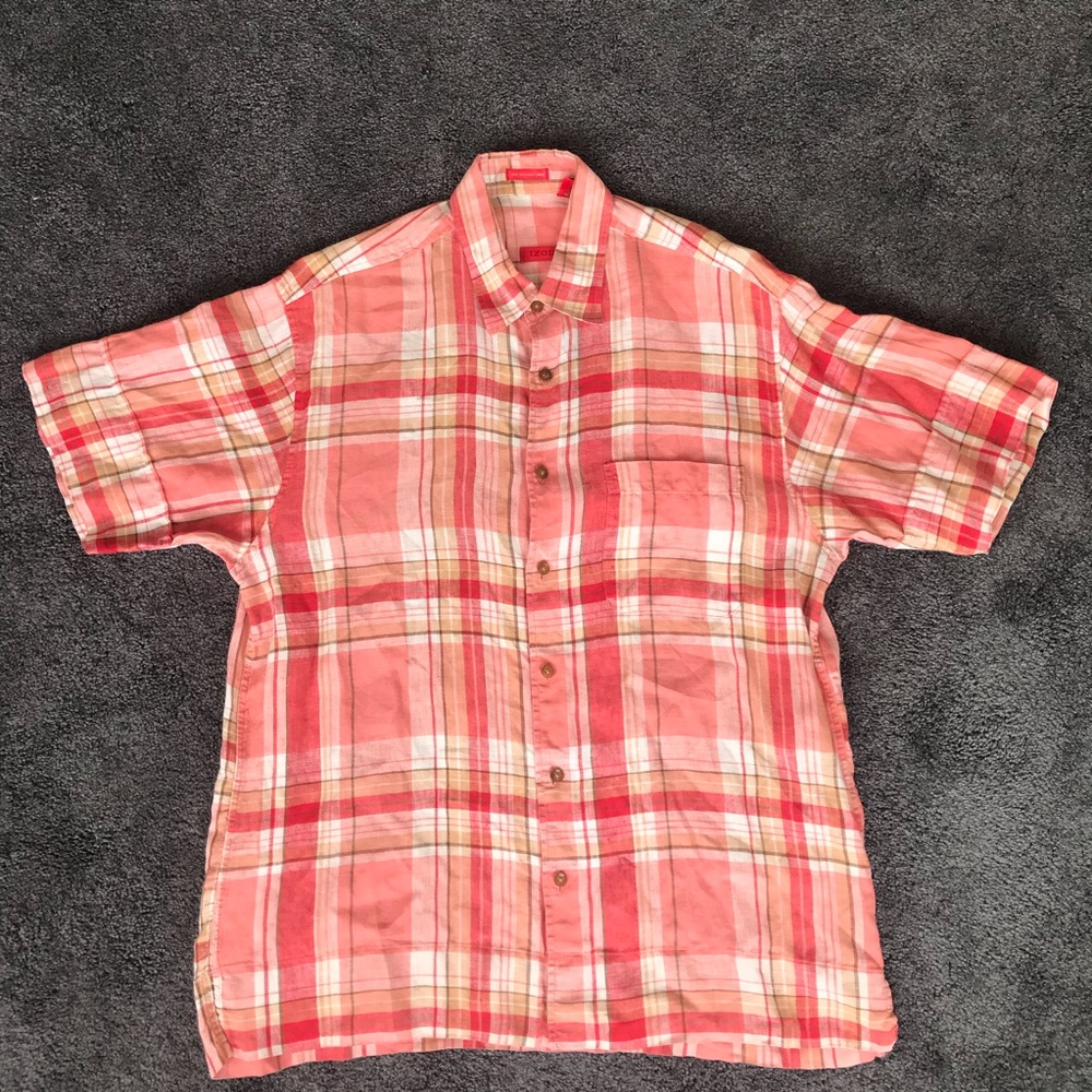 Izod Button Down Plaid Shirt 100% Linen
